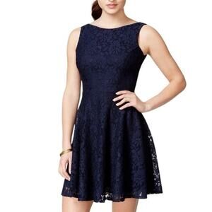 SPEECHLESS Women's Navy Blue Lace Fit & Flare Skater Dress Easter Preppy Size L